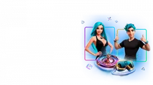 Изображение двух анимационных персонажей, мужчины и женщины, рекламирующих кэшбэк-бонус Leon с элементами казино и яркими неоновыми цветами.