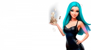 Изображение женского персонажа, держащего стопку монет, рекламирующего приветственный бонус в интернет-казино Leon в игривом и привлекательном стиле.